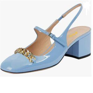 FSJ Sky Blue Slingback Heels Block Chunky Heel Pumps Square Toe Metal Chain Shoe